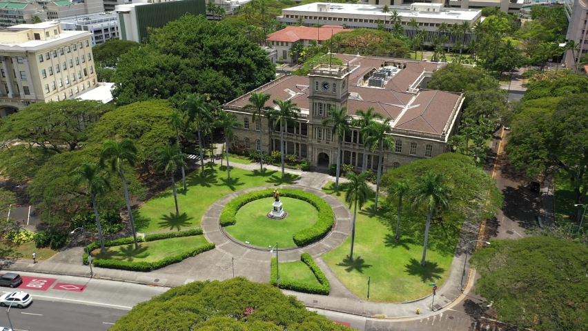 Cinematic 4K aerial drone footage of the Iolani Palace, the royal residence of the monarchs in Honolulu, a Polynesian, Pacific Island tourist destination on Oahu island in Hawaii