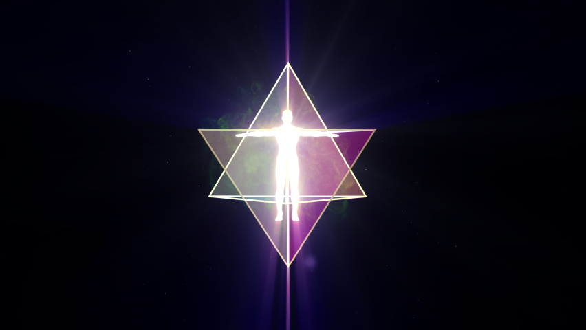 A looped 3D animation of the rotation of two tetrahedrons (Merkaba) inside which is a luminous man. on a dark background. Royalty-Free Stock Footage #1073271974