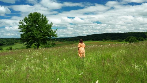 Woman walking through open meadow in Lika, Croatia. Summer Scene