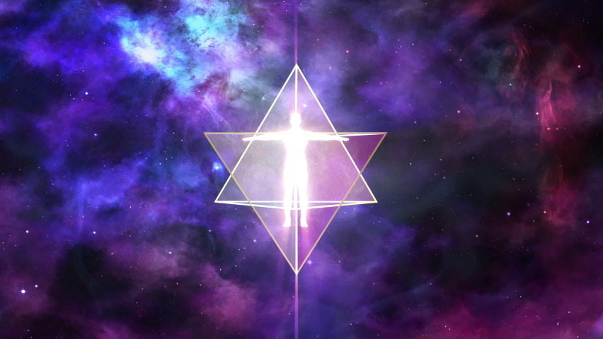 A looped 3D animation of the rotation of two tetrahedrons (Merkaba) inside which is a luminous man, radiating energy. Royalty-Free Stock Footage #1073272232