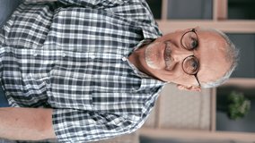 VERTICAL VIDEO POV portrait smiling gray haired 70s grandfather posing in checked shirt having positive emotion. Happy healthy elderly man with beard in glasses relaxing with calmness face expression
