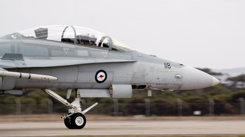 Avalon, Australia - March 3, 2019: Royal Australian Air Force FA-18 Hornet multirole fighter aircraft from RAAF Base Williamtown taxiing at Avalon Airport.