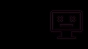 Glowing neon line Dead monitor icon isolated on black background. 404 error like pc with dead emoji. Fatal error in pc system. 4K Video motion graphic animation.