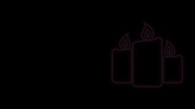 Glowing neon line Burning candles icon isolated on black background. Old fashioned lit candles. Cylindrical aromatic candle sticks with burning flames. 4K Video motion graphic animation.
