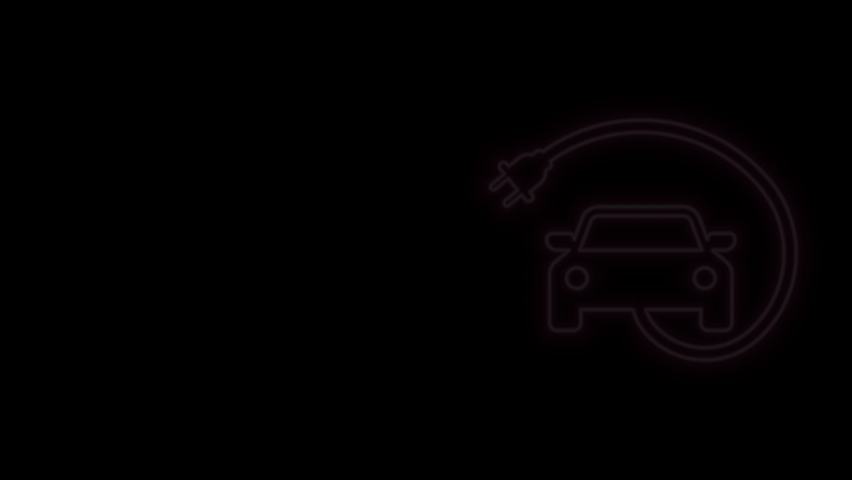 Glowing neon line Electric car and electrical cable plug charging icon isolated on black background. Renewable eco technologies. 4K Video motion graphic animation.