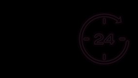 Glowing neon line Clock 24 hours icon isolated on black background. All day cyclic icon. 24 hours service symbol. 4K Video motion graphic animation.