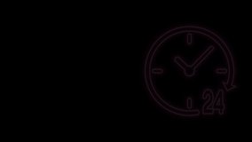 Glowing neon line Clock 24 hours icon isolated on black background. All day cyclic icon. 24 hours service symbol. 4K Video motion graphic animation.
