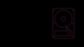 Glowing neon line Hard disk drive HDD icon isolated on black background. 4K Video motion graphic animation.