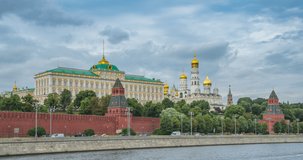 Kremlin, Moscow, Russia. Official Classic view. Best view of the Kremlin from Moscow River embankment. 4K Timelapse