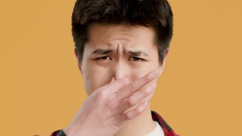Korean Guy Pinching His Nose Feeling Disgusting Stinky Smell And Waving Posing Over Orange Studio Background. Portrait Of Disgusted Asian Millennial Man Smells Bad Stink.