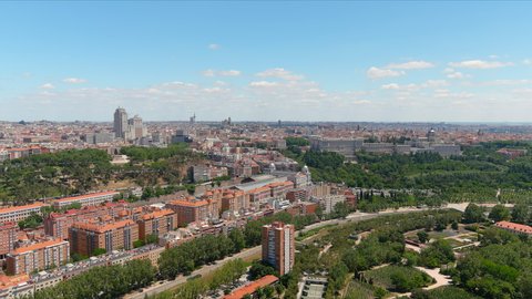 Madrid: Aerial view of capital city of Spain, Royal Palace of Madrid (Palacio Real de Madrid) in historic centre of city - landscape panorama of Europe from above