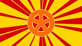 Car wheel symbol on the background of animation from moving rays of the sun. Large orange symbol increases slightly. Seamless looped 4k animation on yellow background