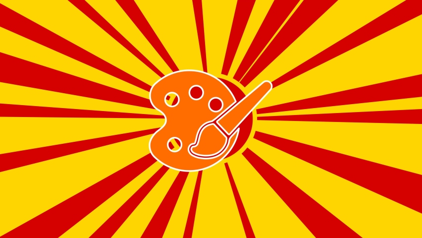 Palette symbol on the background of animation from moving rays of the sun. Large orange symbol increases slightly. Seamless looped 4k animation on yellow background