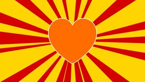 Heart on the background of animation from moving rays of the sun. Movement symbolizes the dawn of the sun. Large orange symbol increases slightly. Seamless looped 4k animation on yellow background