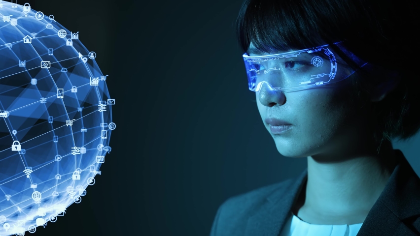 Asian woman wearing smart glasses. Head mounted display. Wearable computer. Virtual reality. Royalty-Free Stock Footage #1073309459