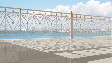 Luxury iron railings. Gold decor. Forged detail. 3D rendering. Metal work. Balcony design. Terrace. White handrails. Sea view. Iron fence. Blacksmithing. Sea. Clouds. Summer. Hotel.