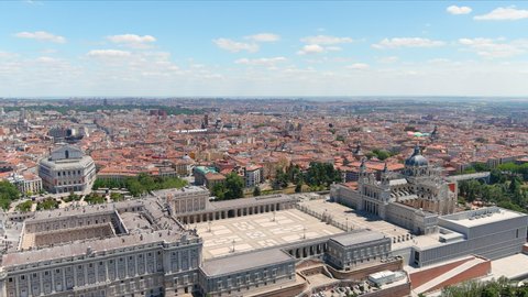 Madrid: Aerial view of capital city of Spain, Royal Palace of Madrid (Palacio Real de Madrid) and Cathedral Almudena in historic centre of city - landscape panorama of Europe from above