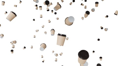 Many brown paper coffee cups falling down on white background. Isolated. Drinks takeaway. 3D animation. Excess waste.