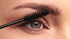 Closeup shot, stylist applies black mascara  on the eyelashes of the female eye. Woman making make up using black mascara. Professional makeup.  Making mua. Slow motion. Tutorial makeup master class - Powered by Shutterstock - Get 15% off with code: PIKWIZARD15