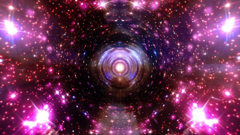 Abstract Interstellar flight, time travel jump in colorful hyper space. 4K 3D Seamless Loop Hyper Tunnel or Wormhole Science Digital Background. Singularity, gravitational waves and spacetime concept.