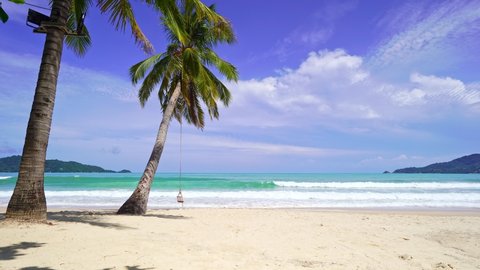 Palm trees beach front at beautiful nature landscape of blue sky and sea view seascape Morning soft sunlight shine on green coconut trees in southern Thailand Patong beach Beautiful beach at Phuket