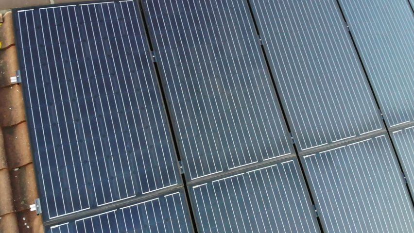 Solar panels rooftop shot - drone Royalty-Free Stock Footage #1073316539