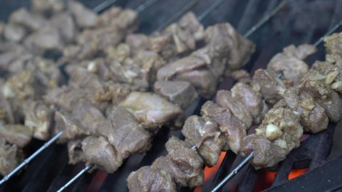 Closeup sliding to the left of raw lamb skewers shish kabob on a hot grill.