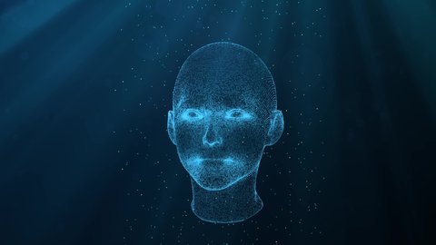 Human head, digital scan. Human head made of particles against a blue background.Digital, Futurustic background.Technologic 4K