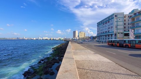 Havana, Cuba 16 January, 2020: EL Malecon, Avenida de Maceo, a broad landmark esplanade that stretches along the coast in Havana past major city tourist attractions