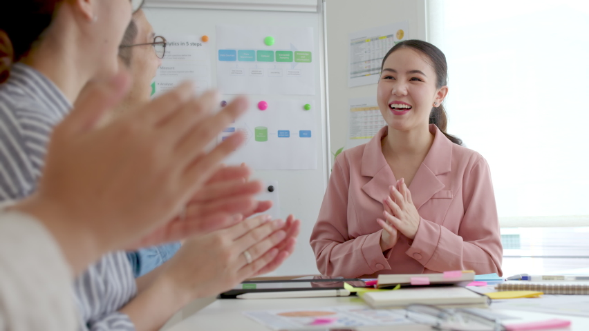 Small group asia female young happy people, sale team work in reskill upskill training class share plan idea in project research job feel bonding thankful respect greeting smile sit in office room. Royalty-Free Stock Footage #1073339825