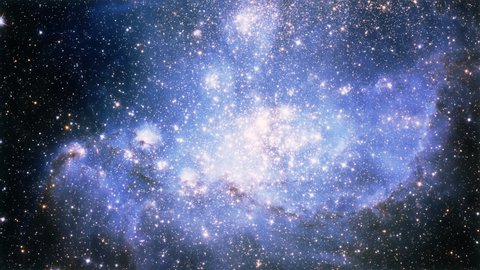Galaxy exploration through outer space towards glowing Small Magellanic Nebula. 4K 3D render animation of flying through glowing nebulae, clouds and stars field. Elements furnished by NASA image.