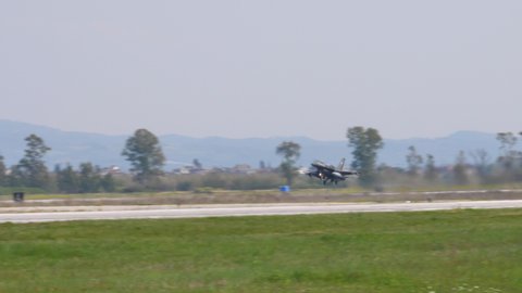 Andravida Greece APRIL, 03, 2019 Lockheed Martin F-16 C Fighting Falcon or Viper of Hellenic Air Force takes off in the blue sky