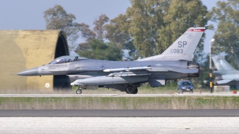 Andravida air Base Greece APRIL, 03, 2019 Supersonic NATO combat airplane on the runway of a military airport. Lockheed Martin F-16 C Fighting Falcon or Viper of United States Air Force USAF