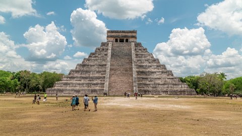 CHICHEN ITZA, MEXICO - CIRCA 2021: Hyperlapse video of El Castillo or Kukulkan temple, a main attraction of Chichen Itza