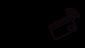Glowing neon line Contactless payment with nfc card icon isolated on black background. Card with radio wave sign. Credit card payment. 4K Video motion graphic animation.