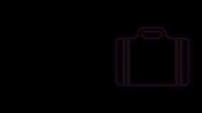 Glowing neon line Suitcase for travel icon isolated on black background. Traveling baggage sign. Travel luggage icon. 4K Video motion graphic animation.
