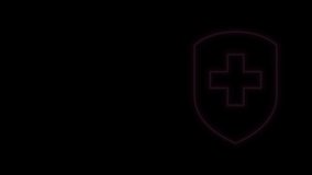 Glowing neon line Medical shield with cross icon isolated on black background. Protection, safety, password security. 4K Video motion graphic animation.