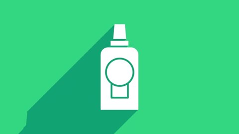 White Mouthwash plastic bottle icon isolated on green background. Liquid for rinsing mouth. Oralcare equipment. 4K Video motion graphic animation.