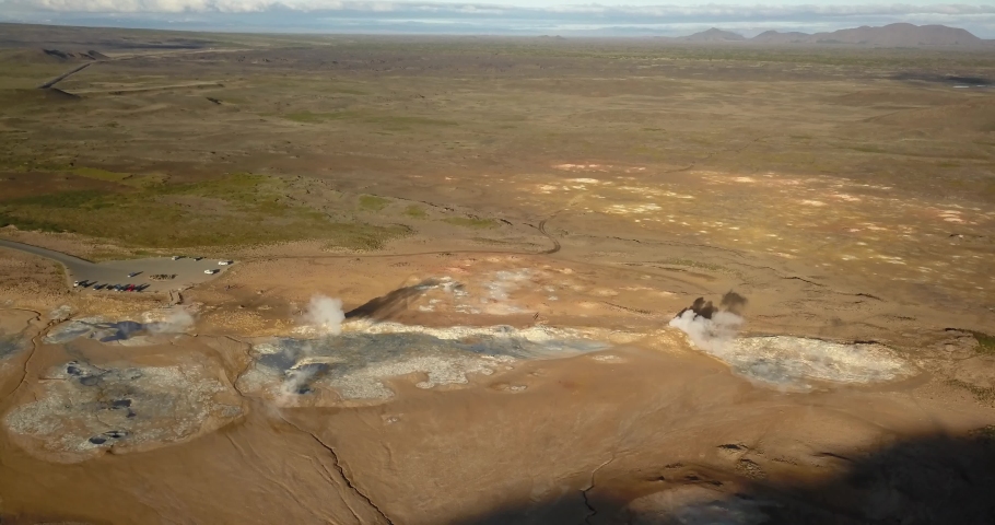 Aerial view of Geysir eruption In Hverir ,Iceland
drone view from east Iceland, people watching Geyser, Hverir, February 2021

