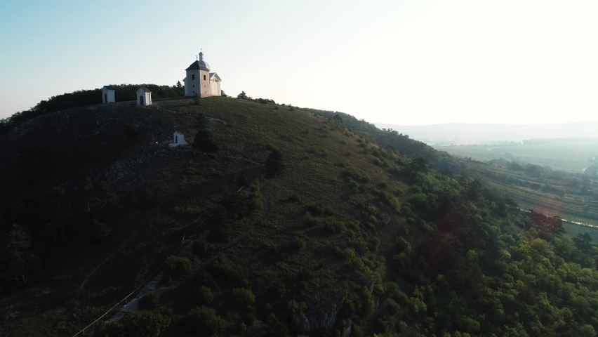 Beautiful aerial drone view on holy hill with Saint Sebastian chapel, Mikulov in Czech Republic. Historical church on mountain from above