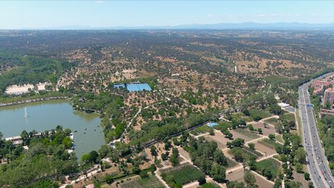 Madrid: Aerial view of Casa de Campo (National Forest Park) in capital city of Spain, Casa de Campo's Lake (Lago de la Casa de Campo) - landscape panorama of Europe from above