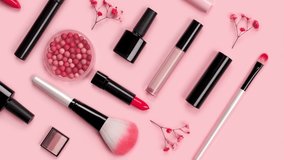 Various cosmetic accessories for makeup and manicure on trendy pastel pink background with red flowers. Blush, brush, eye shadow, mascara, perfume, lipstick, nail Polish. Skin care products. - Powered by Shutterstock - Get 15% off with code: PIKWIZARD15