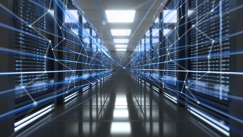 Digital blue line information flying in data centers with ig server room. 4K footage dolly moving camera throw data server computers. Network and information servers behind glass panels. - Powered by Shutterstock - Get 15% off with code: PIKWIZARD15
