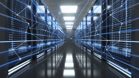 Digital blue line information flying in data centers with ig server room. 4K footage dolly moving camera throw data server computers. Network and information servers behind glass panels. - Powered by Shutterstock - Get 15% off with code: PIKWIZARD15
