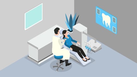Male dentist animation examining teeth of female patient in the clinic. Cartoon in 4k resolution