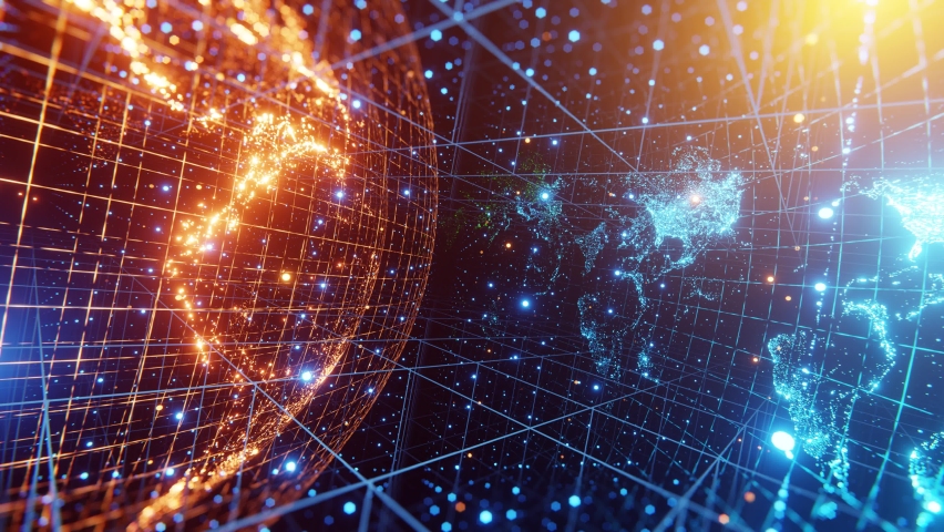 Camera movement through 3D space with a world map and earth. Digital animation of abstract space. Animation loop 4k