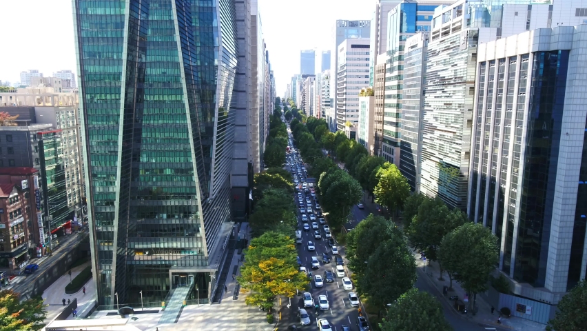 Aerial view of the downtown of Seoul, Korea and the building forest. Gangnam Street Royalty-Free Stock Footage #1073352863