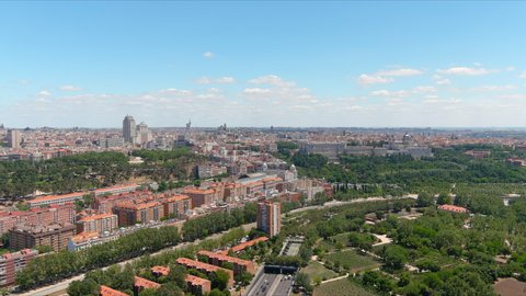 Madrid: Aerial view of capital city of Spain, Royal Palace of Madrid (Palacio Real de Madrid), skyline of centre of city - landscape panorama of Europe from above