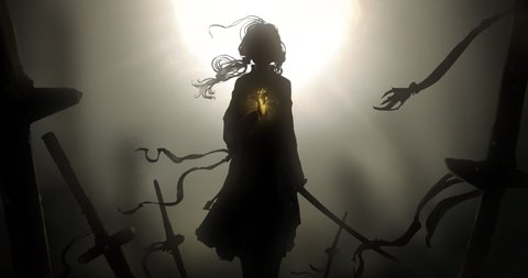 A young warrior girl with the golden palm of the Buddha stands on a battlefield dotted with swords, her hair and clothes swaying in the strong wind. 2d animated illustration with a clean loop.