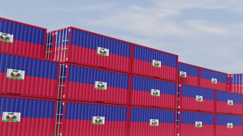Haiti flag containers are located at the container terminal. Concept for Haiti import and export of closed-loop 3D animation